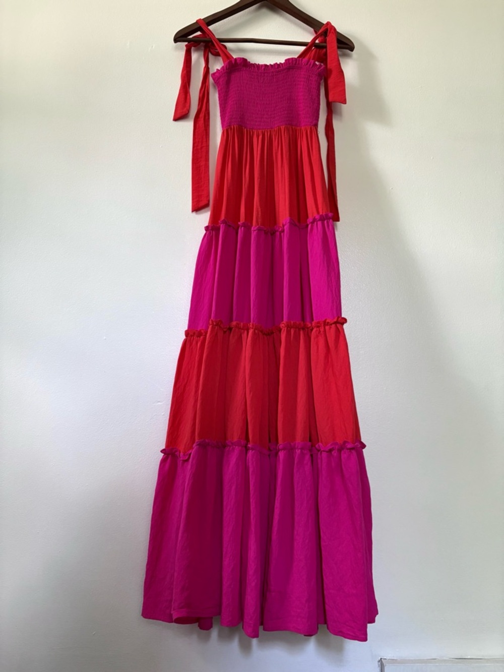 Smocked Tie-Shoulder Maxi Dress in Fuchsia and Coral - Picture 4 of 7